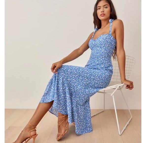 Reformation Dresses & Skirts - Reformation Blue Floral Tie Strap Midi Dress Size 8 Smocked Back Viscose